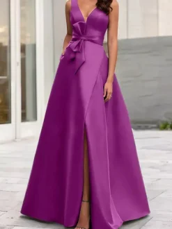 Robe de soirée trapèze col en V tissu satiné longueur au sol n艙uds robes de dîner formelles