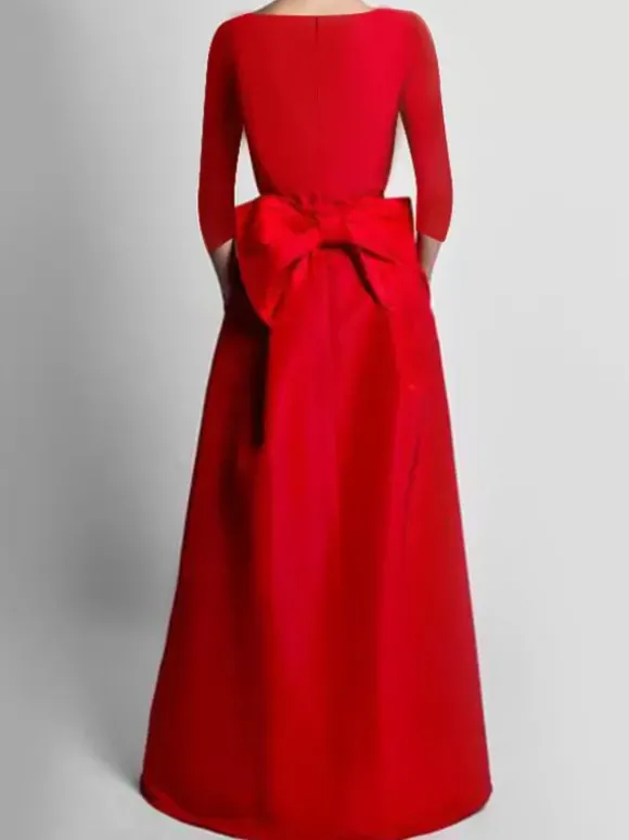 Robe de soirée trapèze col en V tissu satiné longueur au sol n艙uds robes de soirée formelles