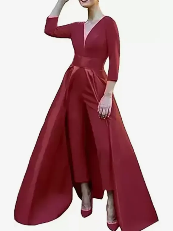 Robe de soirée trapèze col en V tissu satiné longueur au sol n艙uds robes de soirée formelles