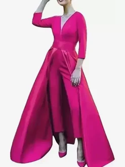 Robe de soirée trapèze col en V tissu satiné longueur au sol n艙uds robes de soirée formelles