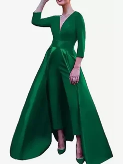 Robe de soirée trapèze col en V tissu satiné longueur au sol n艙uds robes de soirée formelles
