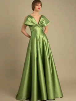 Robe de soirée trapèze décolleté au sol longueur au sol fermeture éclair n艙uds tissu satiné robes de concours sociaux