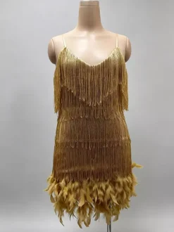Robe de soirée vert foncé à bretelles franges au col sans manches dos nu en polyester sexy