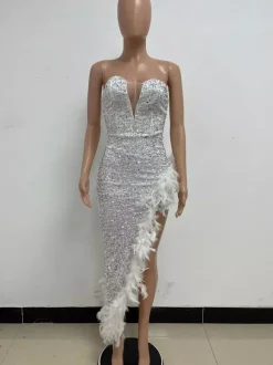 Robe de Soirée Vert Foncé Sans Bretelles Paillettes Sans Manches Dos Nu Robe Semi-Formelle