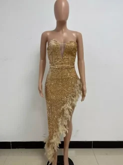 Robe de Soirée Vert Foncé Sans Bretelles Paillettes Sans Manches Dos Nu Robe Semi-Formelle
