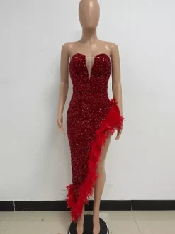 Robe de Soirée Vert Foncé Sans Bretelles Paillettes Sans Manches Dos Nu Robe Semi-Formelle