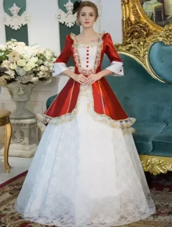 Robe De Soirée Vintage Médiéval Princesse Robes Opéra Costume Rétro Rouge Dentelle Rococo Déguisements Halloween Bourgogne