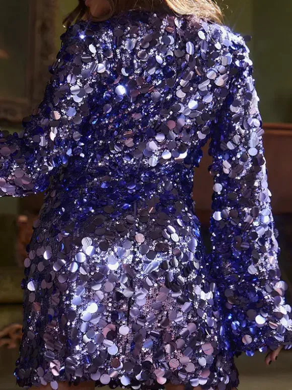 Robe de soirée violette sexy à col bijou sequins et manches longues