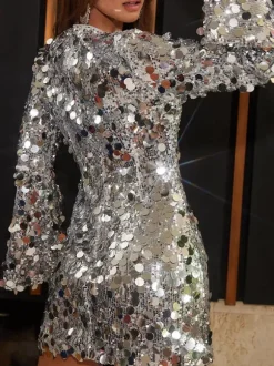 Robe de soirée violette sexy à col bijou sequins et manches longues