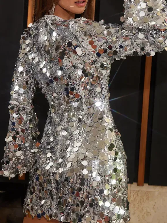 Robe de soirée violette sexy à col bijou sequins et manches longues