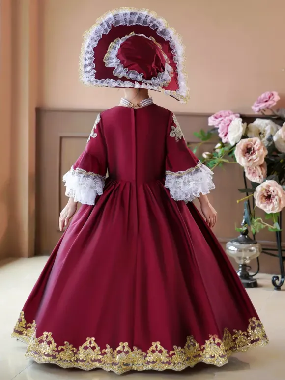 Robe de soirée à volants rétro bordeaux pour costumes de bal victoriens rococo Bourgogne