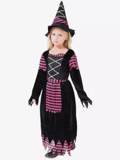Robe de sorcière violette à rayures pour filles déguisement d'Halloween avec chapeau assorti tenue de cosplay d'Halloween pour enfants