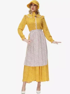 Robe de style pastorale à fleurs jaunes Prairie Pioneer Clothing