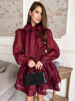 Robe de tous les jours pour femme mini robe bordeaux plissée à manches longues col montant et taille cache-c艙ur.