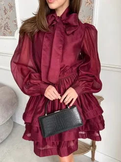 Robe de tous les jours pour femme mini robe bordeaux plissée à manches longues col montant et taille cache-c艙ur.