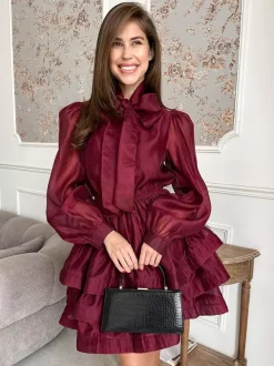 Robe de tous les jours pour femme mini robe bordeaux plissée à manches longues col montant et taille cache-c艙ur.