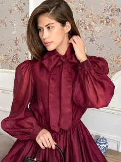 Robe de tous les jours pour femme mini robe bordeaux plissée à manches longues col montant et taille cache-c艙ur.