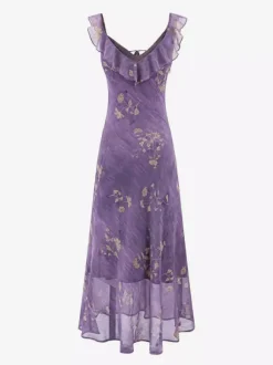 Robe de tous les jours pour femme à fleurs violettes sans manches col en V et taille haute.