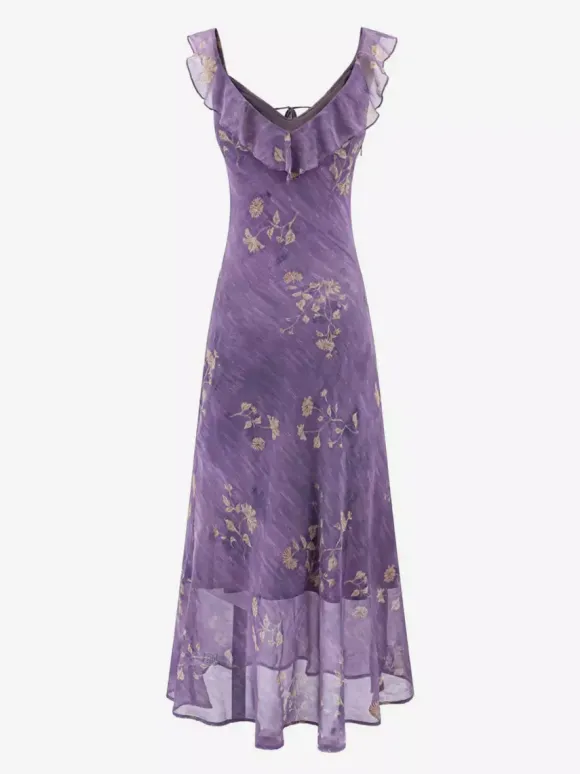 Robe de tous les jours pour femme à fleurs violettes sans manches col en V et taille haute.