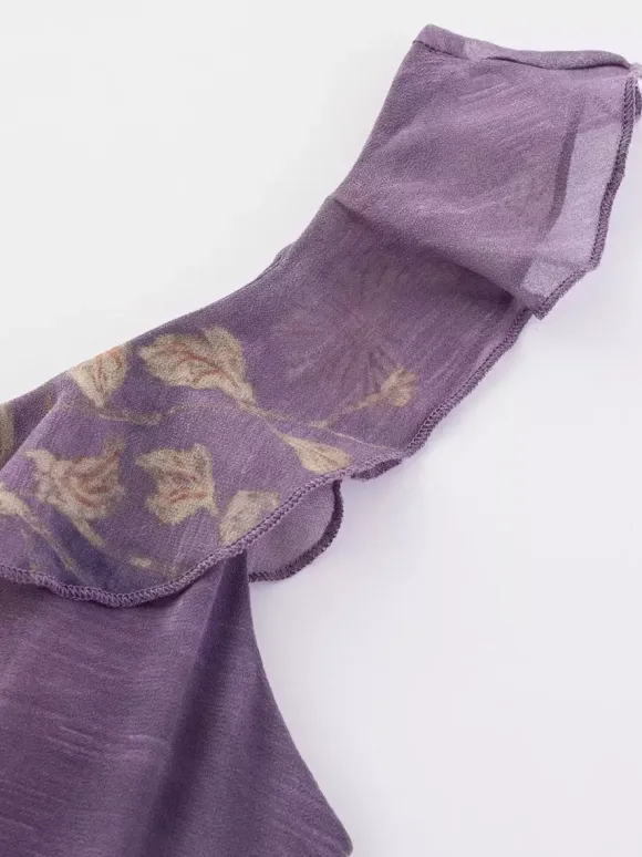 Robe de tous les jours pour femme à fleurs violettes sans manches col en V et taille haute.