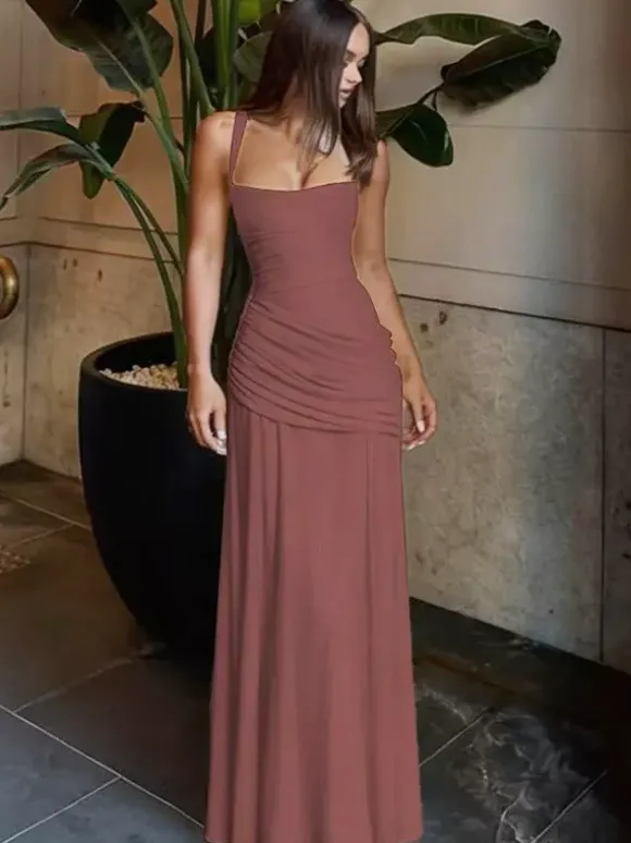Robe de vacances jaune crème à fronces robe maxi élégante pour femme style soirée
