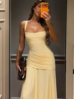Robe de vacances jaune crème à fronces robe maxi élégante pour femme style soirée