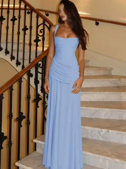 Robe de vacances jaune crème à fronces robe maxi élégante pour femme style soirée
