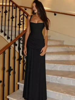 Robe de vacances jaune crème à fronces robe maxi élégante pour femme style soirée