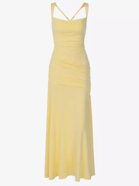 Robe de vacances jaune crème à fronces robe maxi élégante pour femme style soirée