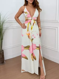 Robe de vacances maxi bleu cyan bohème sexy à découpes et sans manches col en V