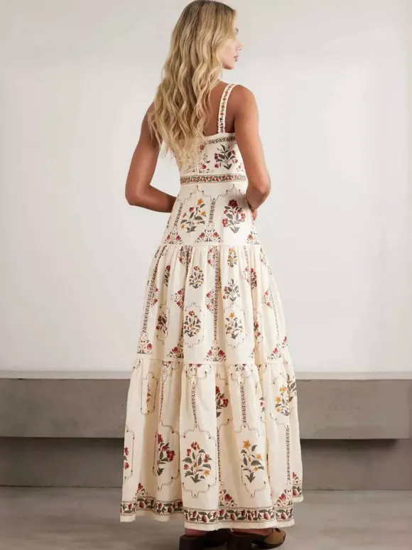 Robe de vacances maxi dos nu brodée sans manches à imprimé floral épaules dénudées style rétro