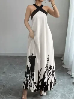 Robe de vacances maxi dos nu à lacets sans manches imprimé floral col halter élégante blanche