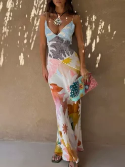 Robe de vacances maxi dos nu sans manches à imprimé floral et col en V jaune chic