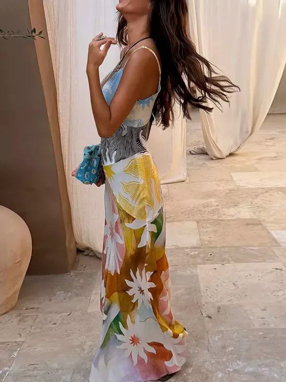 Robe de vacances maxi dos nu sans manches à imprimé floral et col en V jaune chic