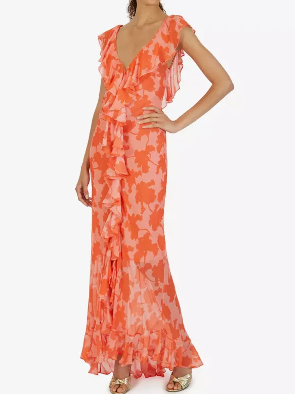 Robe de vacances maxi dos nu à volants plissée manches courtes imprimé floral col V manches pétales robe orange chic