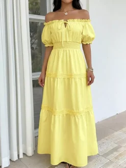 Robe de vacances maxi dos nu à volants et lacets manches courtes épaules dénudées manches bouffantes robe sexy