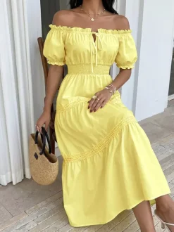 Robe de vacances maxi dos nu à volants et lacets manches courtes épaules dénudées manches bouffantes robe sexy