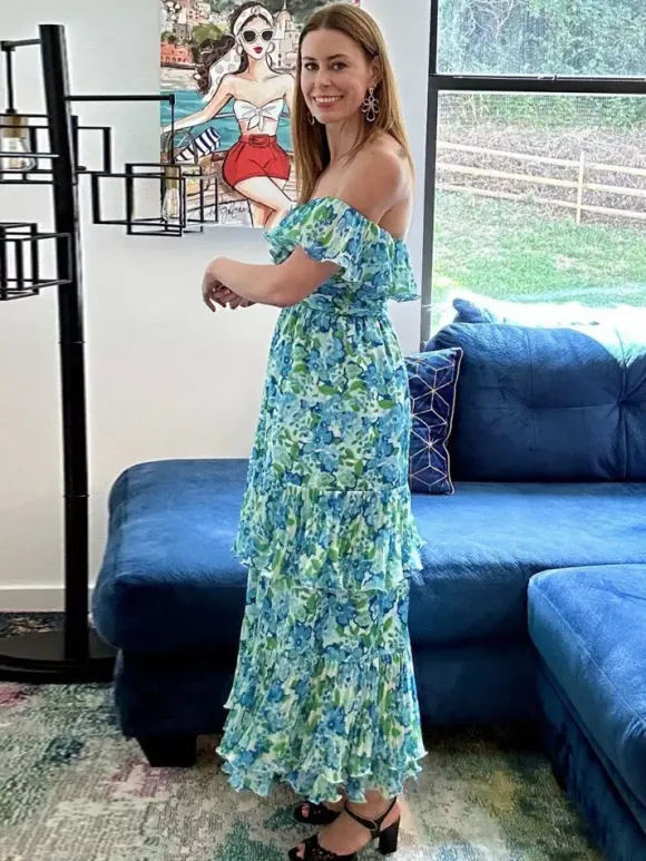 Robe de vacances maxi dos nu à volants plissée à imprimé floral épaules dénudées