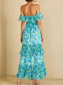 Robe de vacances maxi dos nu à volants plissée à imprimé floral épaules dénudées