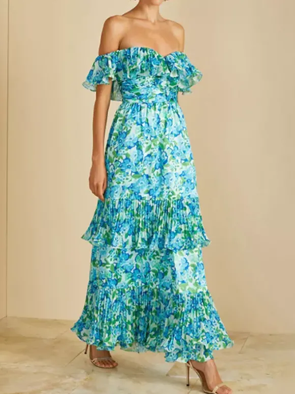 Robe de vacances maxi dos nu à volants plissée à imprimé floral épaules dénudées