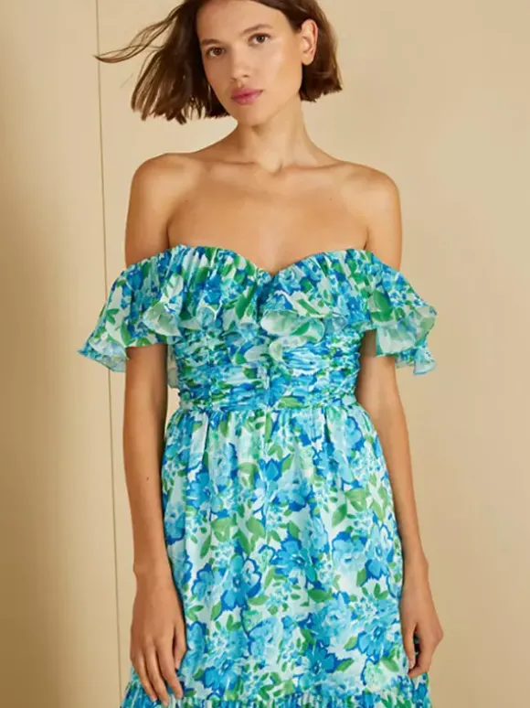 Robe de vacances maxi dos nu à volants plissée à imprimé floral épaules dénudées