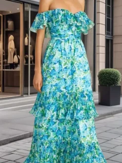 Robe de vacances maxi dos nu à volants plissée à imprimé floral épaules dénudées