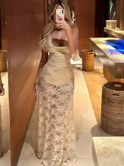 Robe de vacances maxi en dentelle à col bénitier élégante robe d'été abricot