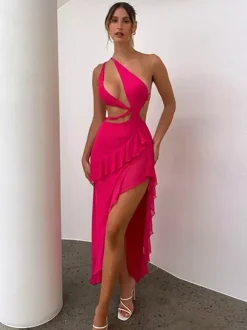 Robe de vacances midi asymétrique à basque sans manches robe rose sexy