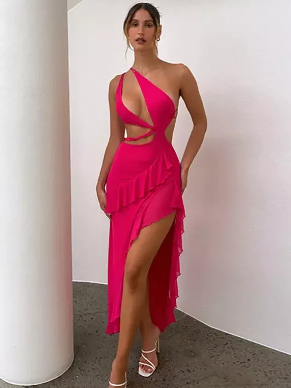 Robe de vacances midi asymétrique à basque sans manches robe rose sexy