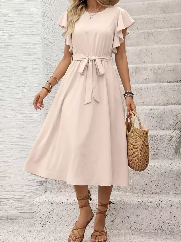 Robe de vacances mi-longue fluide à col rond et manches papillon