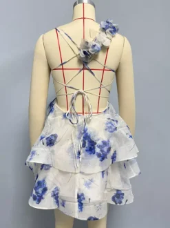 Robe de vacances mini dos nu à fleurs lacée sans manches imprimé floral col en V rose décontracté