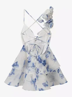 Robe de vacances mini dos nu à fleurs lacée sans manches imprimé floral col en V rose décontracté