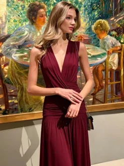 Robe de vacances plissée sans manches à décolleté plongeant portefeuille froncée plissée fluide