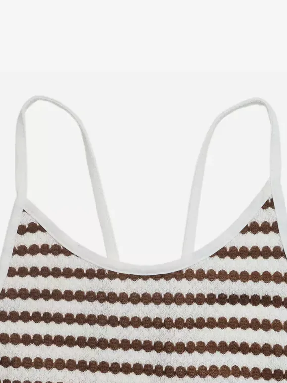 Robe de vacances rayée café dos nu col halter dos nu mi-long maille côtelée à nouer coupe ajustée
